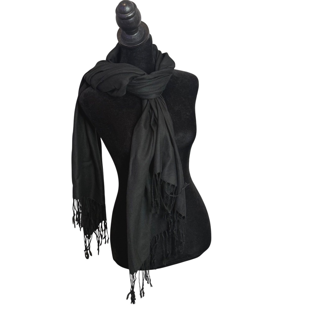 Pashmina Scarf Fringe Trim Wrap 100% Pashmina Black Unisex Adult